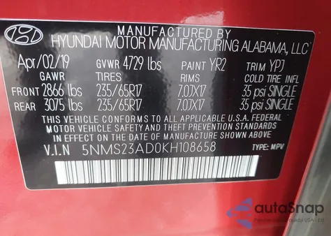 2019 Hyundai Santa Fe Se z USA, uszkodzony, nr VIN 5NMS23AD0KH108658